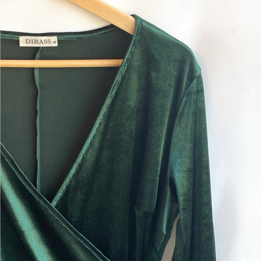 Green Velour Wrap Style Midi Dress Medium Ruched Long Sleeve Holiday Glam